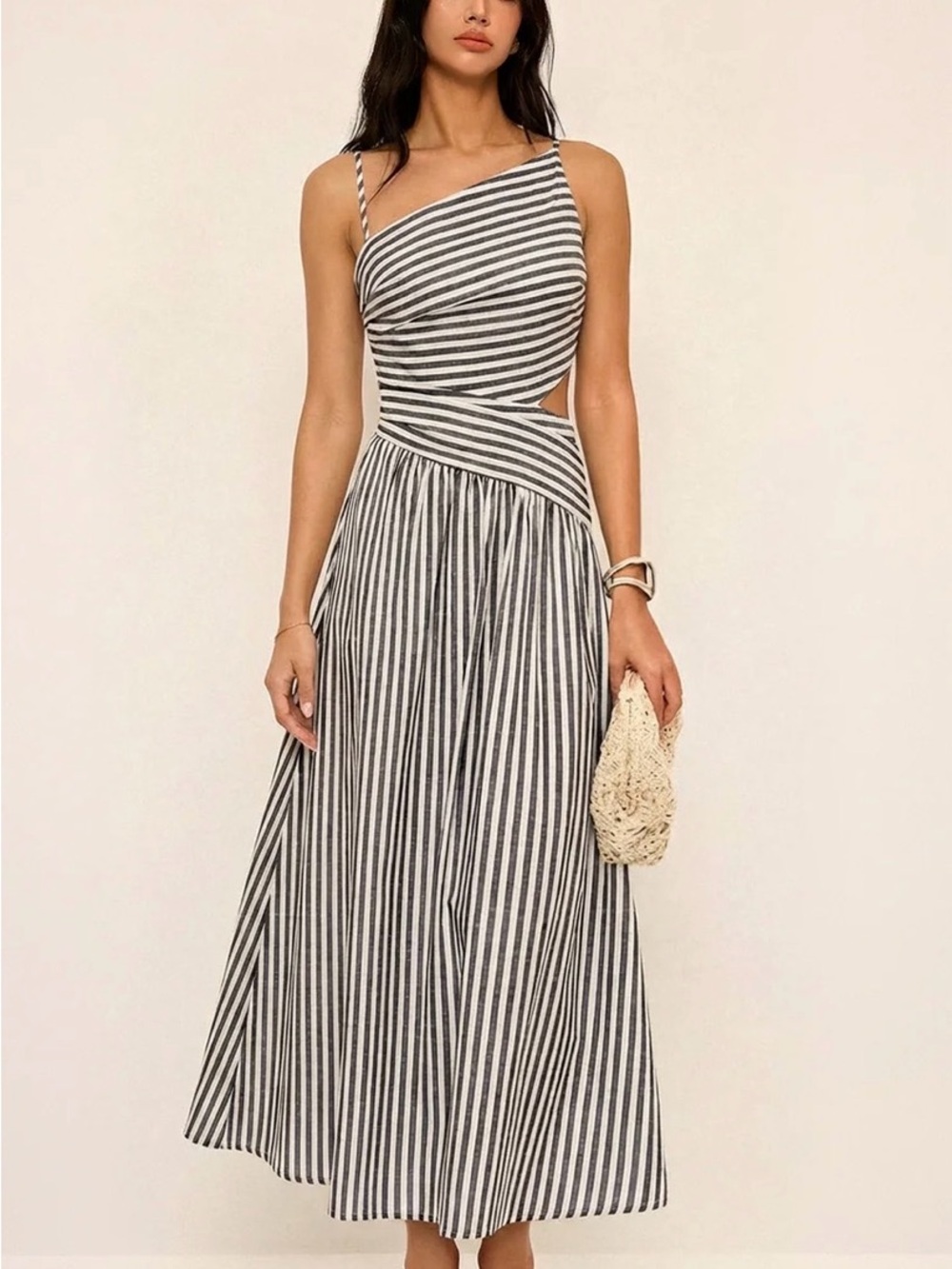 Commense Black and White One-Shoulder Striped Maxi Dress